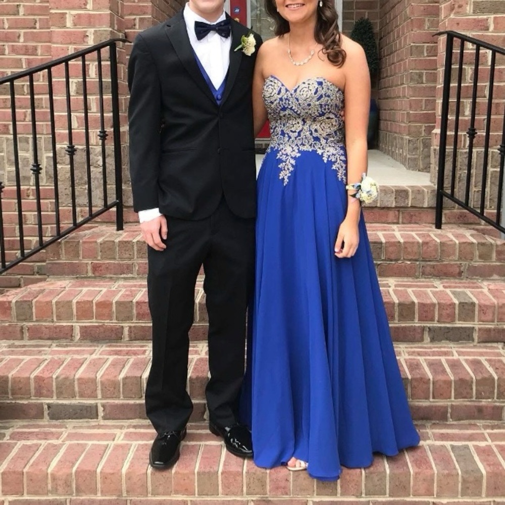 Blue and Silver Strapless Gown